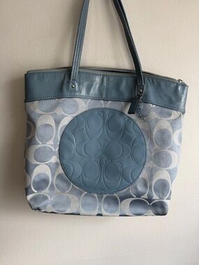 Coach Light Blue Signature Canvas Tote with Leather Trim